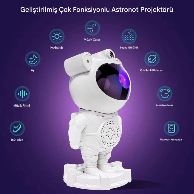 Astronot Galaksi Projektörü & Bluetooth Hoparlör: Ay ve Yıldız Efektli Gece Lambası