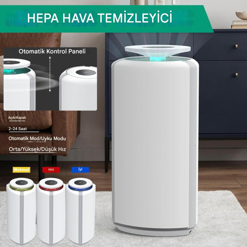 Akıllı Hava Temizleyici H13 HepaFiltre UV-C Işıklı İyonizerli Koku Toz Giderici Alerji Sterilizasyon