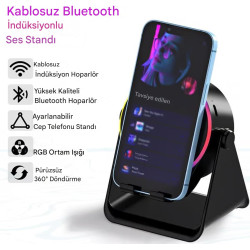 Bluetooth Hoparlörlü ve Akıllı İndüksiyonlu(Manyetik Sensör ile)Telefon Standı Powerbank RGB Işıklı