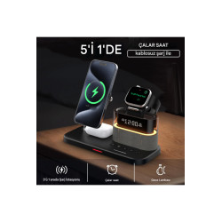 5'i 1 Arada Manyetik Kablosuz Hızlı Şarj İstasyonu Dijital Çalar Saat Gece Lambası 15W Hızlı Şarj