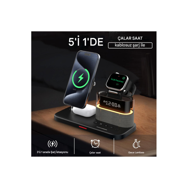 5'i 1 Arada Manyetik Kablosuz Hızlı Şarj İstasyonu Dijital Çalar Saat Gece Lambası 15W Hızlı Şarj