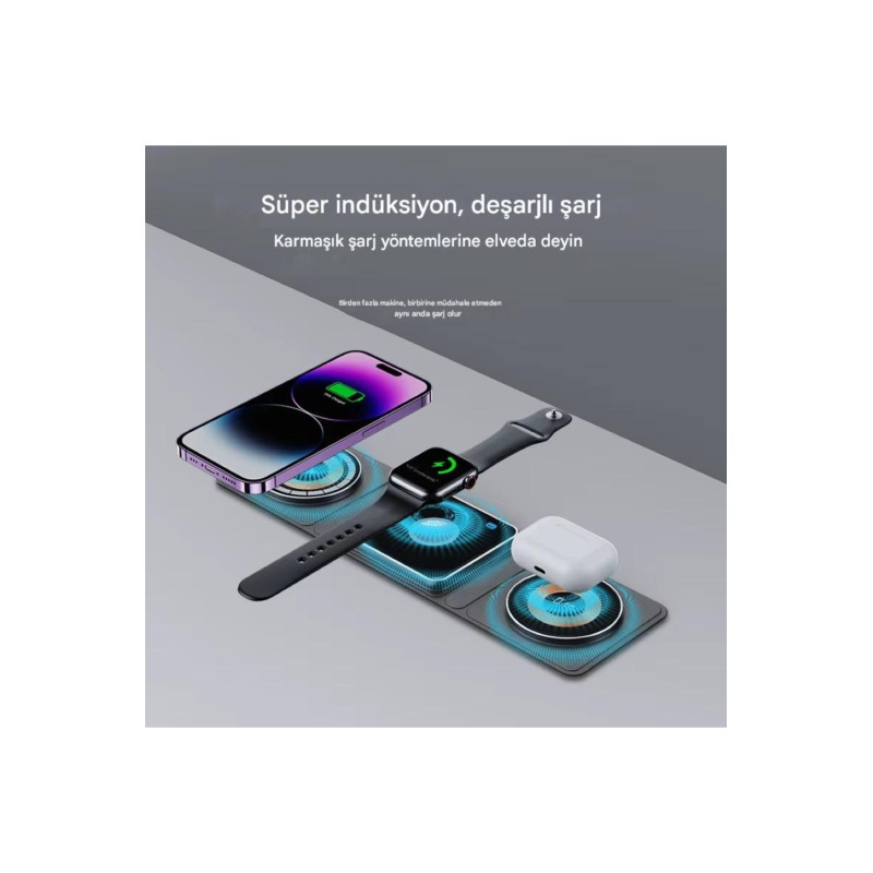 Katlanabilir 3'ü1 Arada Kablosuz Hızlı Şarj İstasyonu