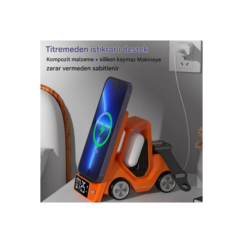 5'i 1 Arada Tasarım Harikası 15W Hızlı MagSafe Manyetik Kablosuz Şarj Standı Çalar Saat