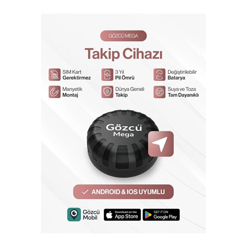 Gözcü Mega Araç ve Motosiklet Takip Cihazı GPS - SIM Kartsız, Mıknatıslı, Su Geçirmez (3 Yıl Pil)
