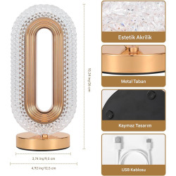 Gold Kristal Şarjlı Masa Lambası - 3 Renk Modlu Dokunmatik Led Gece Lambası - Kademesiz Karartma (Dim Edilebilir) Elips Abajur