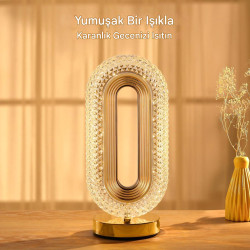 Gold Kristal Şarjlı Masa Lambası - 3 Renk Modlu Dokunmatik Led Gece Lambası - Kademesiz Karartma (Dim Edilebilir) Elips Abajur
