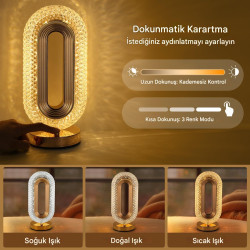 Gold Kristal Şarjlı Masa Lambası - 3 Renk Modlu Dokunmatik Led Gece Lambası - Kademesiz Karartma (Dim Edilebilir) Elips Abajur